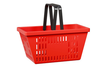 3D Red Shopping basket icon isolated on purple background. Online Shopping Concept, E-Commerce logistic delivery Concept. Minimal Empty red shopping basket plastic icon creative design. 3d render.