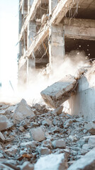 Obraz premium Demolition debris falling from building, creating dusty scene