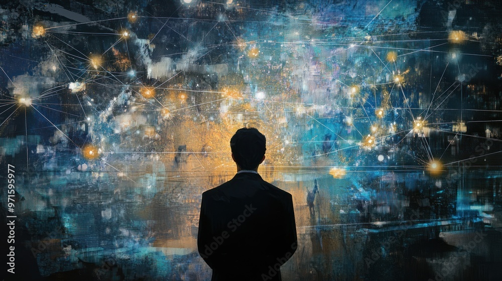 Wall mural Silhouette of a man standing before an abstract network of glowing points