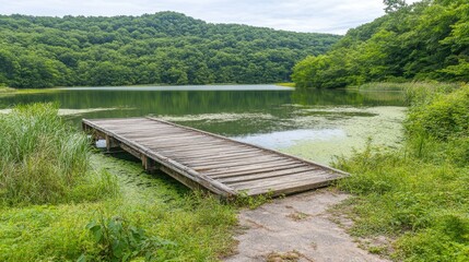 A weathered wooden dock extends over a tranquil lake, framed by green grass and distant mountains under a bright blue sky with scattered clouds