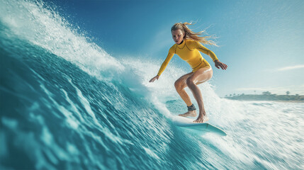 Female surfer carving big wave, intense surfing action, active ocean adventure

