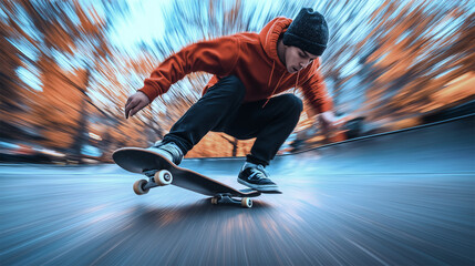 Young skateboarder in mid-air trick at sunset, skateboarding action in city park
