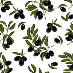Pattern from black olives and leaves.Olives with green leaves in a colored pattern.