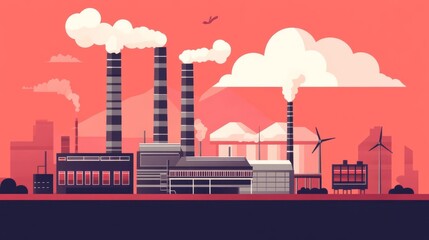 Obraz premium Industrial landscape with factories, smokestacks, and wind turbines against a pink sky, depicting pollution and renewable energy.