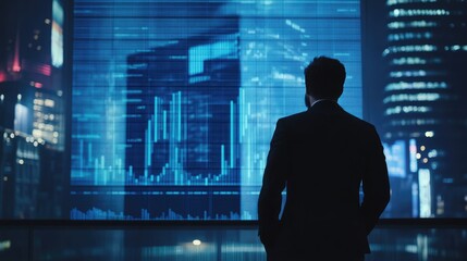 A businessman stands in silhouette in front of a large screen displaying data and graphs, looking out at a cityscape at night.