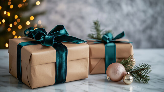Beautifully wrapped Christmas goft boxes with velvet bow