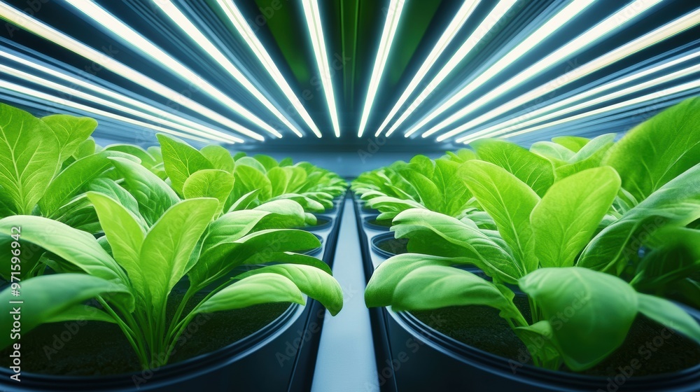 Wall mural A row of plants in pots with lights shining on them, AI