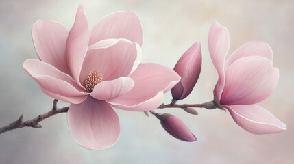 Obraz premium A serene composition showcasing delicate pink magnolia flowers in full bloom, highlighting their intricate beauty and symbolizing renewal and natural elegance.