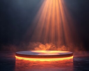 Low Angle View of a Glowing Platform with Dramatic Light Rays and Smoke Abstract Concept