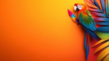 Colorful Macaw Parrot with Tropical Leaves on Vibrant Background