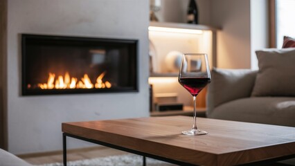 Modern Living Room with Fireplace and Wine Glass