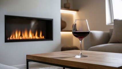 Modern Living Room with Fireplace and Wine Glass