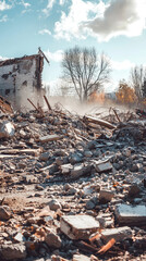 Demolition site with piles of rubble and debris, showcasing destruction and change