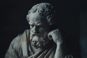 Fototapeta premium A dramatic capture of an ancient philosopher statue, posed in deep thought, illuminated by striking lighting that accentuates its historical and contemplative essence.