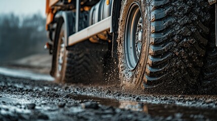 Close-up of a rugged tire on a vehicle navigating a muddy terrain.