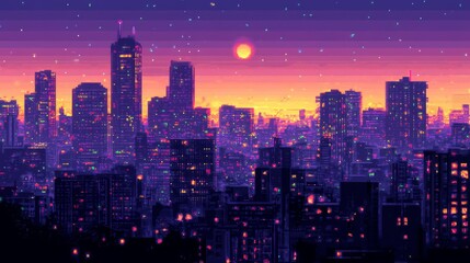 Fototapeta premium Pixel art cityscape at dusk with a vibrant sunset sky, featuring high-rise buildings and glowing lights in a serene atmosphere.