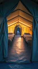 Bright warm interior of disaster relief tent shelter with beds
