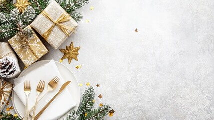 A beautifully arranged table featuring golden-wrapped gifts, pine branches, and a set of utensils ready for the holiday celebration