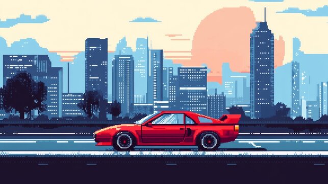 Pixel art of a red sports car on a city road with skyscrapers and a sunset in the background