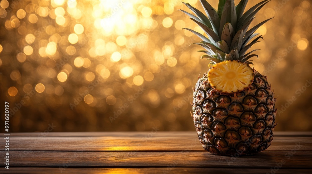 Canvas Prints A pineapple sits on a wooden table, illuminated by a warm, bokeh background.