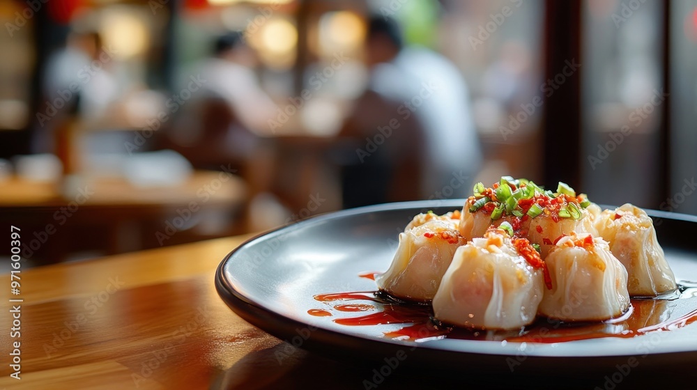 Canvas Prints A plate of dumplings drizzled with sauce, set in a cozy dining environment.