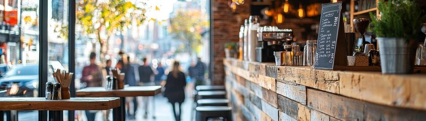 Fototapeta premium Rustic Cafe Interior with Blurred Cityscape View, Wooden Counter, Menu, City Life, Cafe, Bar, Interior