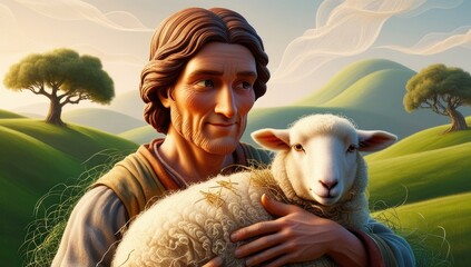 Parable of the lost sheep concept in a serene countryside setting with shepherd and sheep
