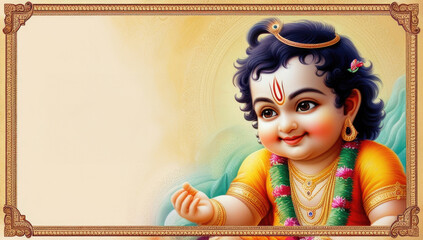 Adorable baby krishna depiction with intricate border design for religious celebrations or devotional art