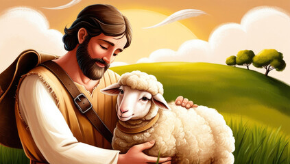 Compassionate shepherd embracing lost sheep in idyllic landscape