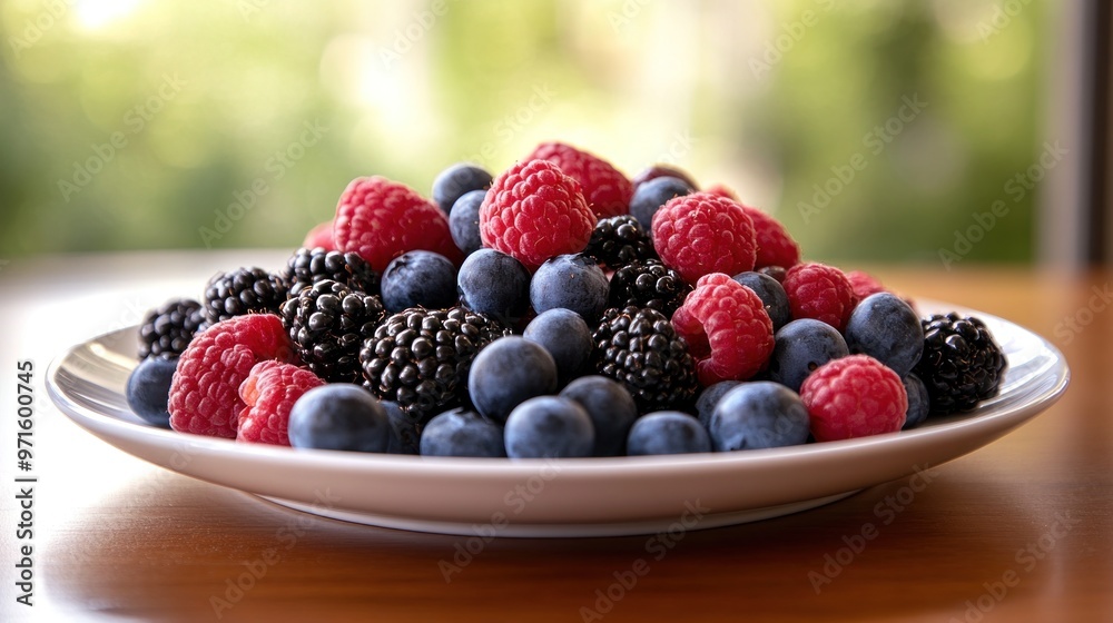 Sticker A colorful assortment of fresh berries on a plate, ideal for a healthy snack or dessert.