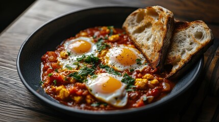 A delicious plate of shakshuka with eggs, tomatoes, and bread, perfect for breakfast or brunch.