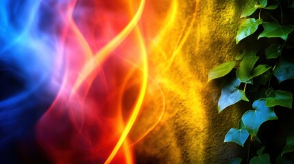 Naklejka premium A vibrant blend of colorful light and green foliage creates a dynamic visual contrast.