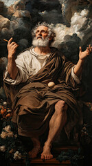 Empedocles surrounded by four classical elements, depicting wisdom and contemplation