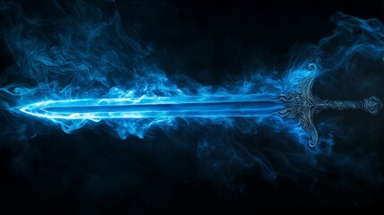 Magic sword glowing with blue light surrounded by smoke