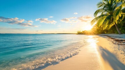 A breathtaking sunset casts a warm golden glow on a tranquil tropical beach, where soft white sand meets crystal clear turquoise waters. The scene evokes feelings of relaxation, escape, and paradise. 