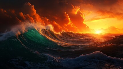 A breathtaking sunset paints the sky in vibrant hues of orange and red, casting a warm glow over powerful waves crashing in the vast ocean. The clouds create a dramatic backdrop, highlighting the powe
