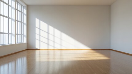 Fototapeta premium A bright and airy modern room with large windows showcasing natural sunlight illuminating the hardwood floors. The empty space offers a sense of potential and possibilities for design and decor.