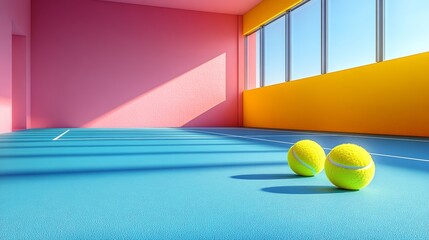 Fototapeta premium Two tennis balls resting on blue indoor tennis court with pink and yellow walls