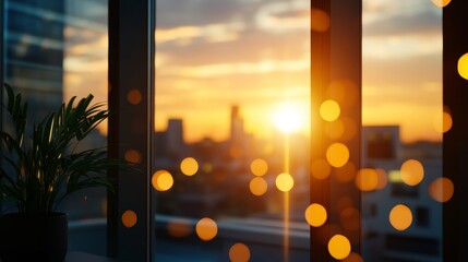 A captivating view of a golden sunset through a window, showcasing warm, blurry lights and a silhouette of a city skyline. The image evokes feelings of peace, tranquility, and the beauty of nature.
