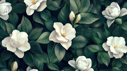 Obraz premium Floral pattern with white gardenias and dark green leaves generative ai