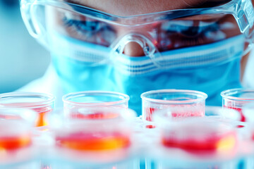 Researcher analyzing cell cultures in a sterile, futuristic biotech lab environment