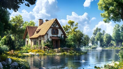 Obraz premium Charming house near water in classical painting style picture