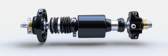 Obraz premium A close-up of a black metallic shock absorber, showcasing its durable construction and precise engineering. It features a coil spring, a piston, and a reservoir, designed for optimal performance and l