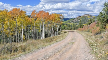Fototapeta premium A dirt road surrounded by trees in a forest, with a mountain as the backdrop