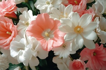 A close-up of a cluster of pink and white flowers, showcasing their soft petals and delicate beauty. These flowers symbolize love, purity, and the ephemeral nature of life.