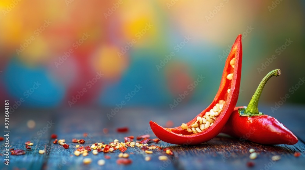 Poster A vibrant close-up of sliced red chili peppers on a wooden surface with colorful background.