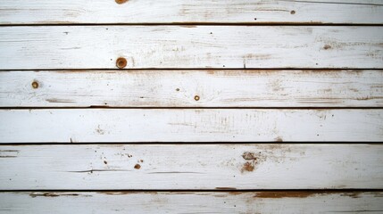 Fototapeta premium A close-up of weathered whitewashed wooden planks, showcasing the natural beauty of wood with its knots and grain. The white paint creates a rustic and charming backdrop for various projects, evoking 