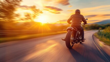 A motorcyclist rides along a winding road at sunset, enjoying the freedom of the open road. The sun creates a warm glow, casting long shadows across the landscape.