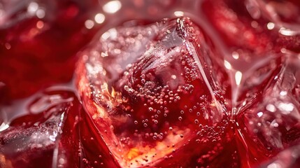 Close-up of glistening red jelly with bubbles, showcasing texture and color.