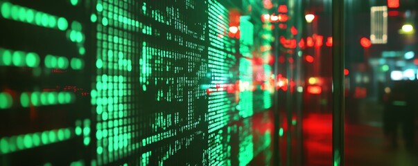 Obraz premium City night lights reflecting on glass showcasing dynamic digital data, neon green and red hues creating a futuristic urban ambiance.